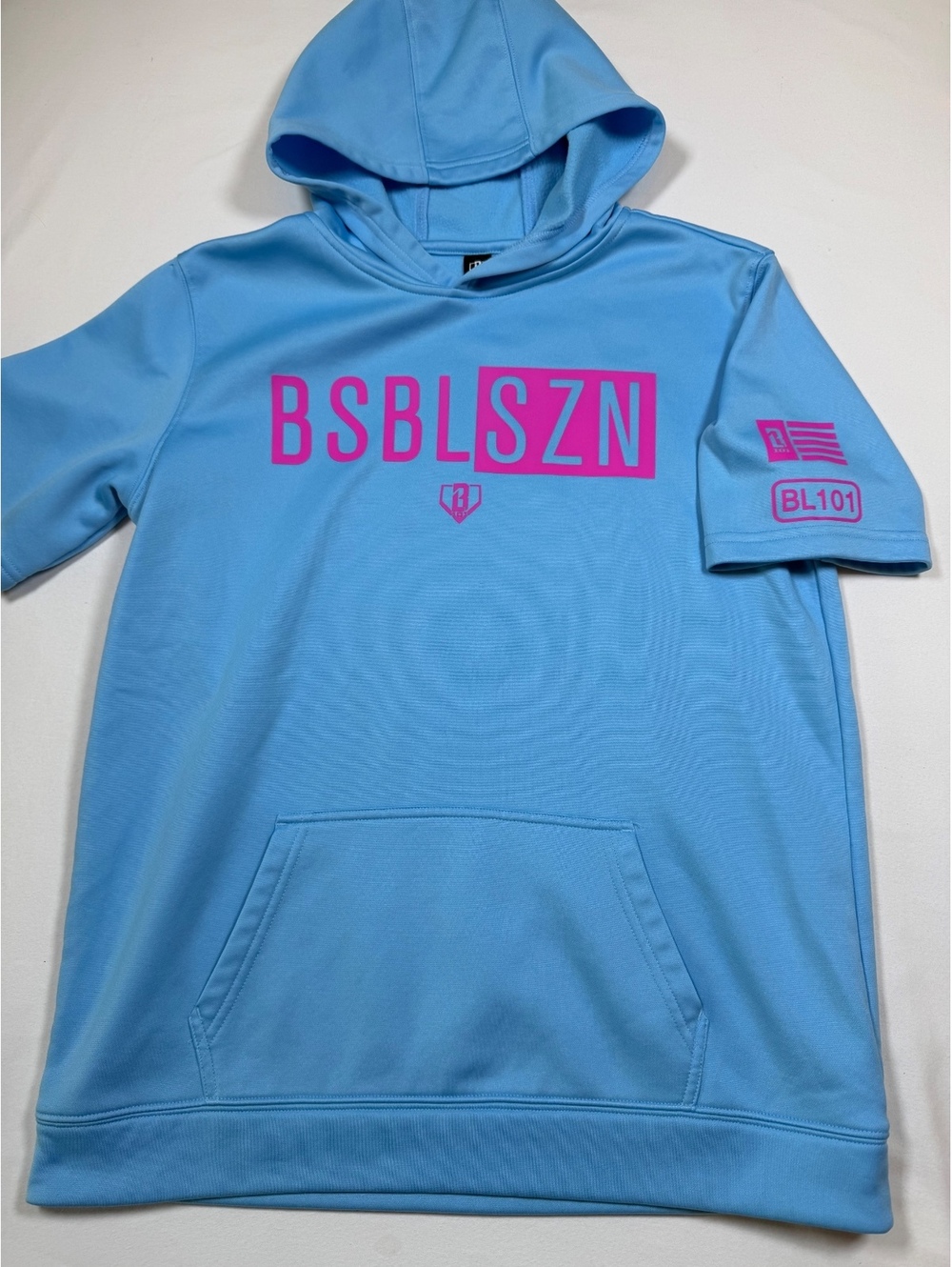 BL101 Performance Light Blue Hoodie with Pink Print - YXL